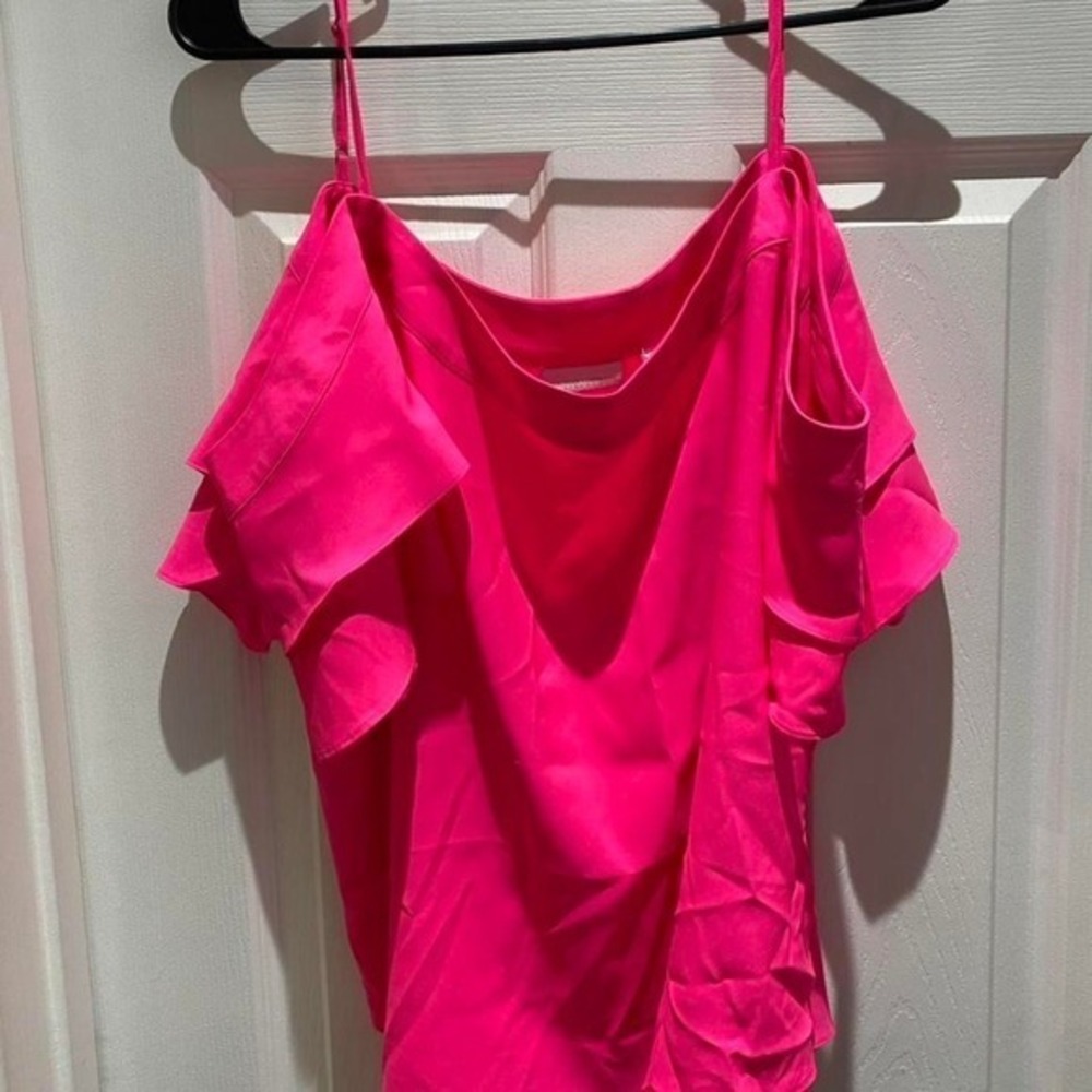 New York & Company Hot Pink Cold Shoulder Ruffle Sleeve Top
